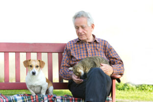 muž so psom a mačkou