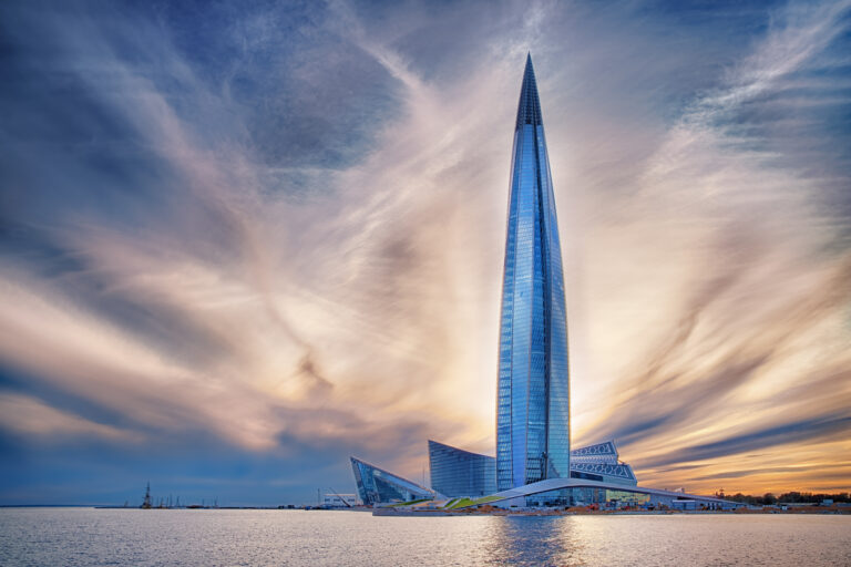 Skyscraper Lakhta center (Gazprom headquarters) against blue cloudy sky