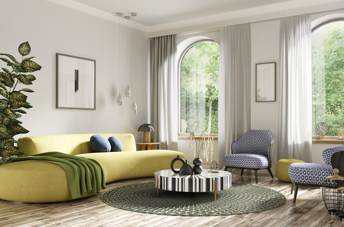 Modern art deco interior design of apartment, living room with sofa, classical armchairs. Accent coffee table. Home interior with rug. 3d rendering