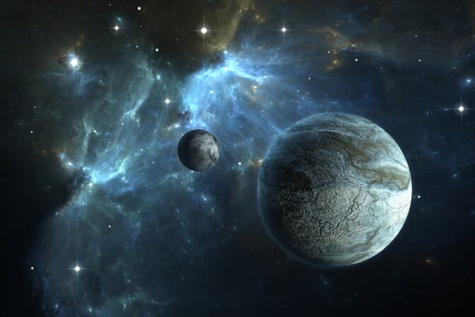 Dôkaz mimozemského života? Ilustrácia vzdialenej exoplanéty K2-18b a jej mesiaca vo vesmíre s hviezdnym pozadím