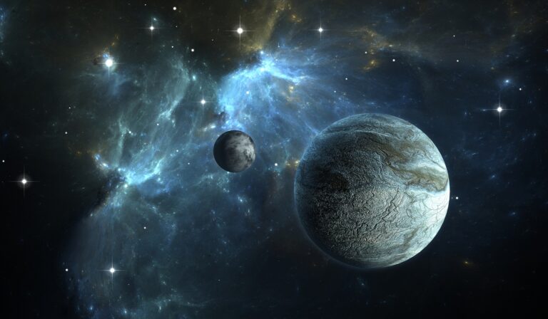 Dôkaz mimozemského života? Ilustrácia vzdialenej exoplanéty K2-18b a jej mesiaca vo vesmíre s hviezdnym pozadím