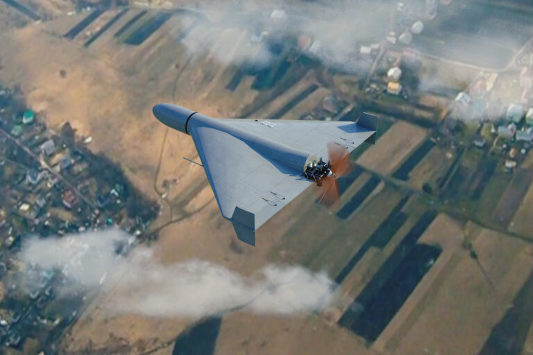 Military kamikaze drone flying in the clouds over rural landscape,3d render.