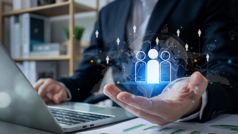 Customer Relationship Management (CRM), Businessman use tablet with global structure customer network technology, Data exchanges development. human resources, social media. digital marketing online.