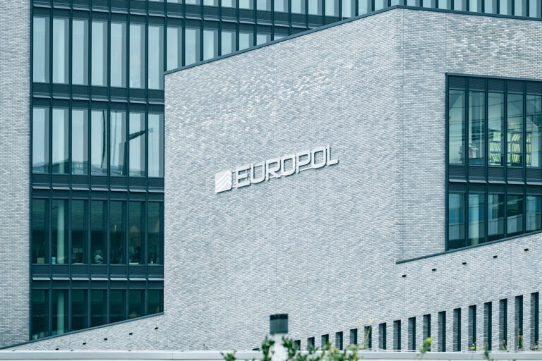 Building European Union Agency for Law Enforcement Cooperation with Europol text on facade, EU institutions, counterterrorism intelligence sharing, Hague, Netherlands - September 12, 2023