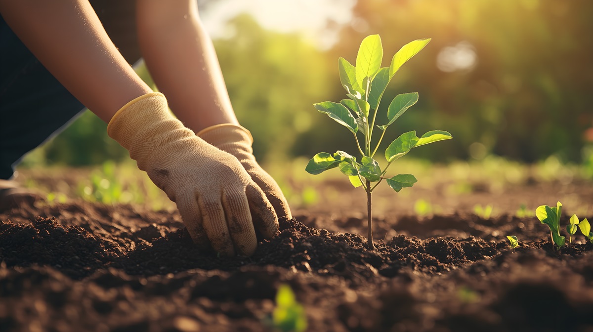 Person planting trees in community garden to promote local food production. Concept Community Garden, Tree Planting, Local Food Production, Sustainable Practices