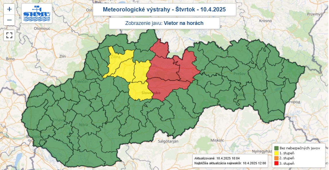 Najvyššia červená výstraha tretieho stupňa pred silným vetrom na horách bola do 11.00 vydaná v štyroch okresoch.