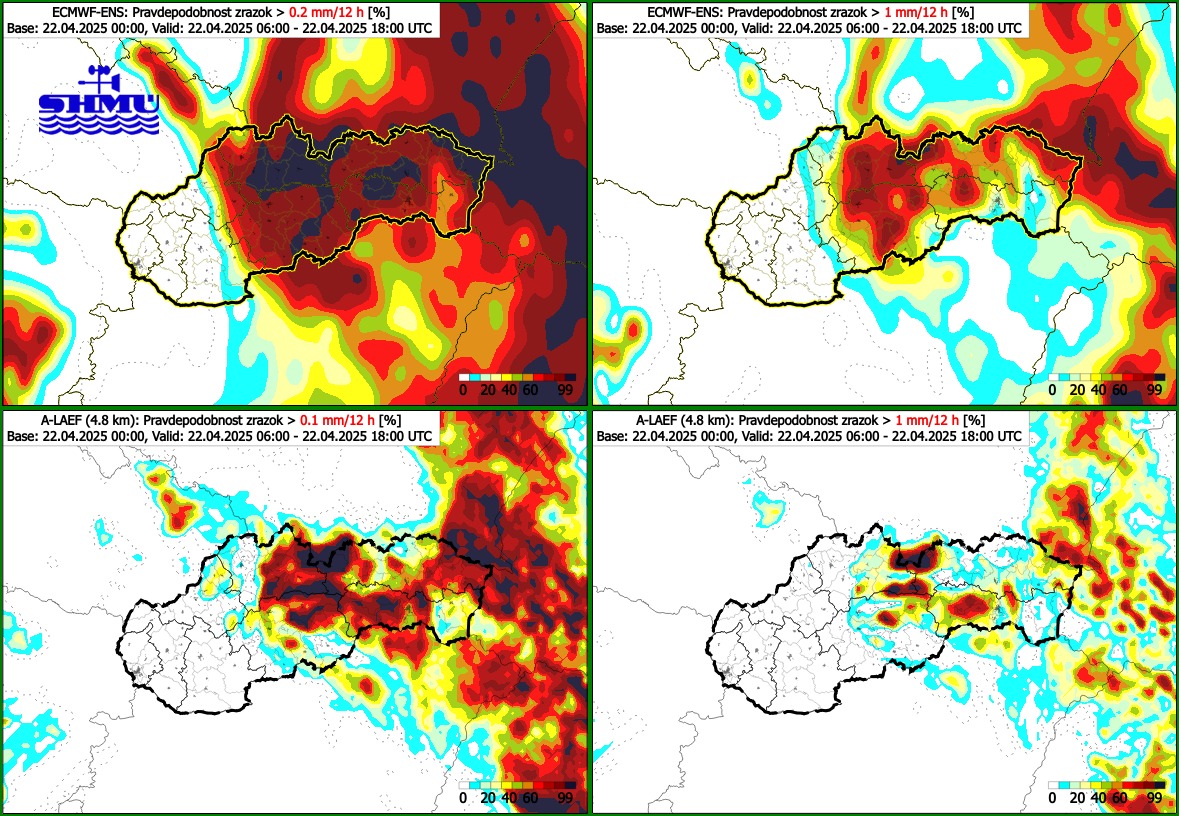 Pravdepodobnosť zrázok na Slovensku na utorok 22. apríla 2025.