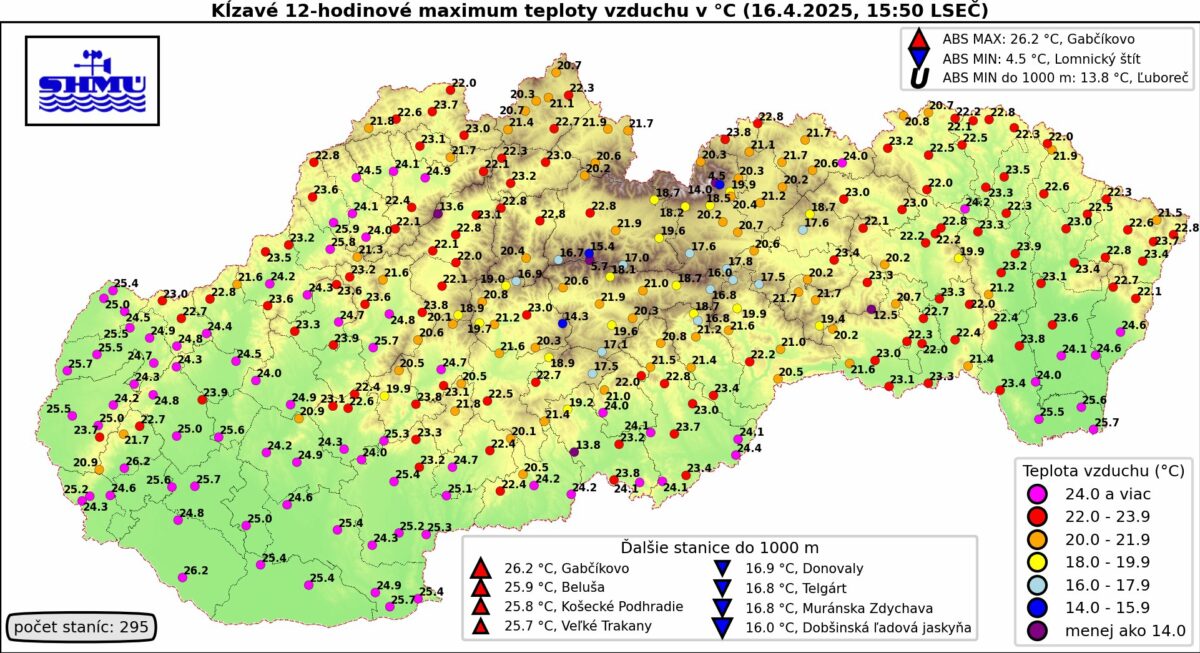 Prvý letný deň na Slovensku a teploty vzduchu v stredu 16. apríla 2025.