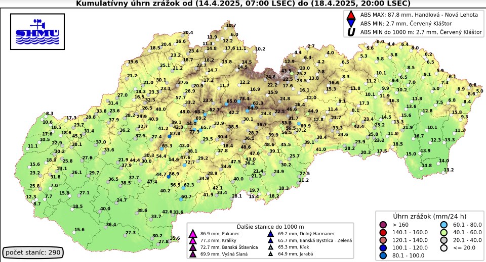 Úhrn zrážok na Slovensku od 14. do 18. apríla 2025.