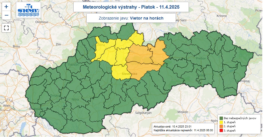 Varovania prvého a druhého stupňa pred silným vetrom na horách vydaná na piatok 11. apríla 2025.