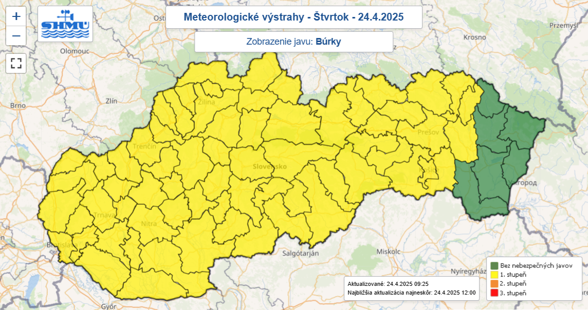 Varovanie prvého stupňa pred búrkami je vo štvrtok vydané takmer pre celé Slovensko.