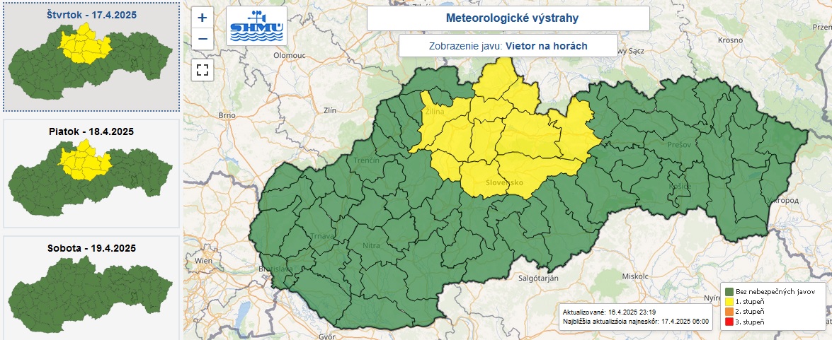 Varovanie prvého stupňa pred silným vetrom na horách je vydaná na štvrtok a piatok pre 11 okresov Slovenska.