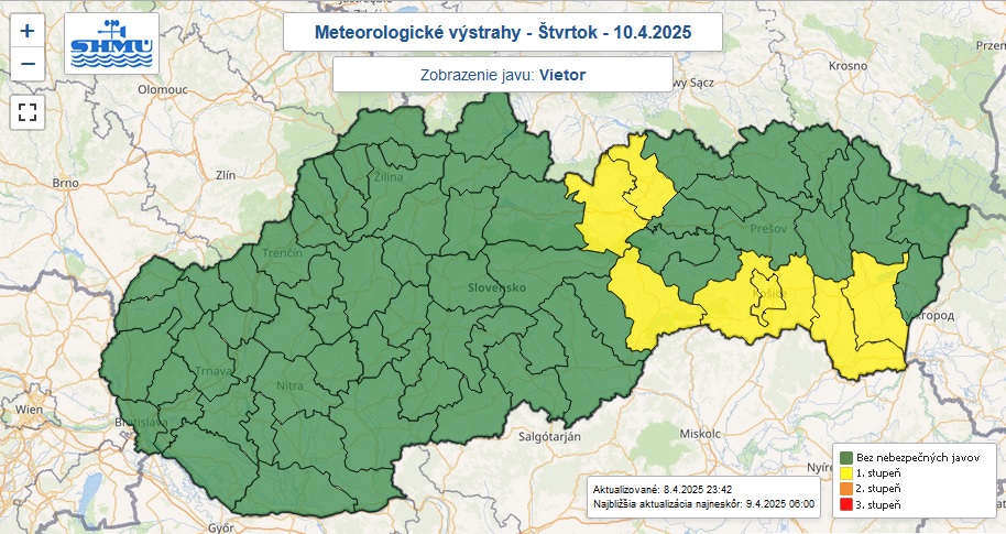 Varovanie prvého stupňa pred silným vetrom platí vo štvrtok od 7.00 do 18.00 pre sedem okresov Slovenska.