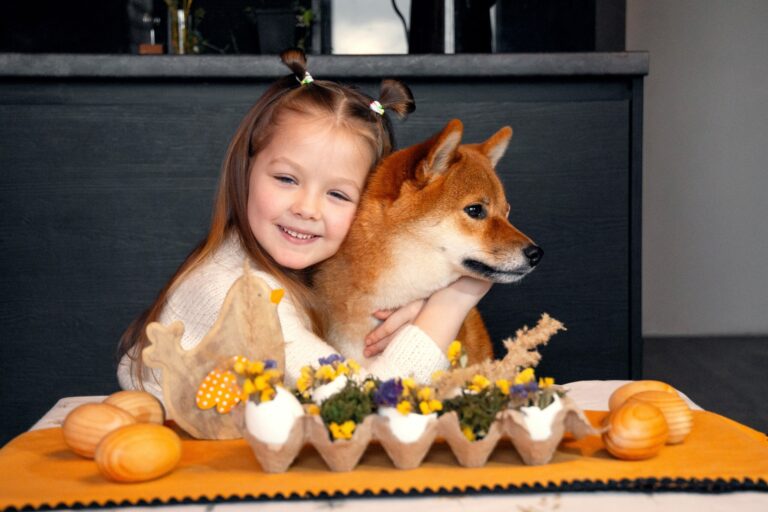 Cute,And,Funny,Puppy,And,Kid,Friends,Hugging.,Girl,Sitting