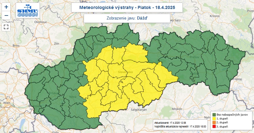 Výstraha pred dažďom je na piatok 18. apríla 2025 vydaná pre 21 okresov Slovenska.