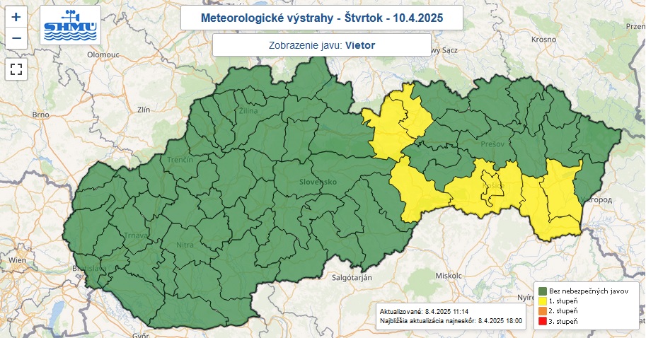 Výstraha pred silným vetrom je vo štvrtok vydaná pre sedem okresov Slovenska.