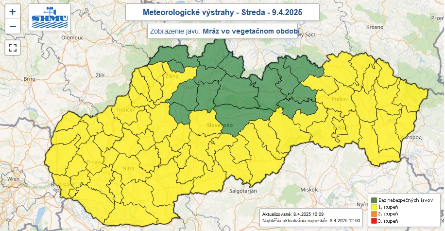 Výstraha prvého stupňa pred mrazom vo vegetačnom období je v noci z utorka na stredu vydaná pre okresy Slovenska označené žltou farbou.