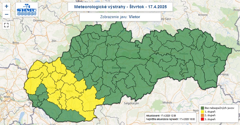 Výstraha prvého stupňa pred silným vetrom je vo štvrtok 17. apríla 2025 vydaná pre okresy označené žltou farbou.