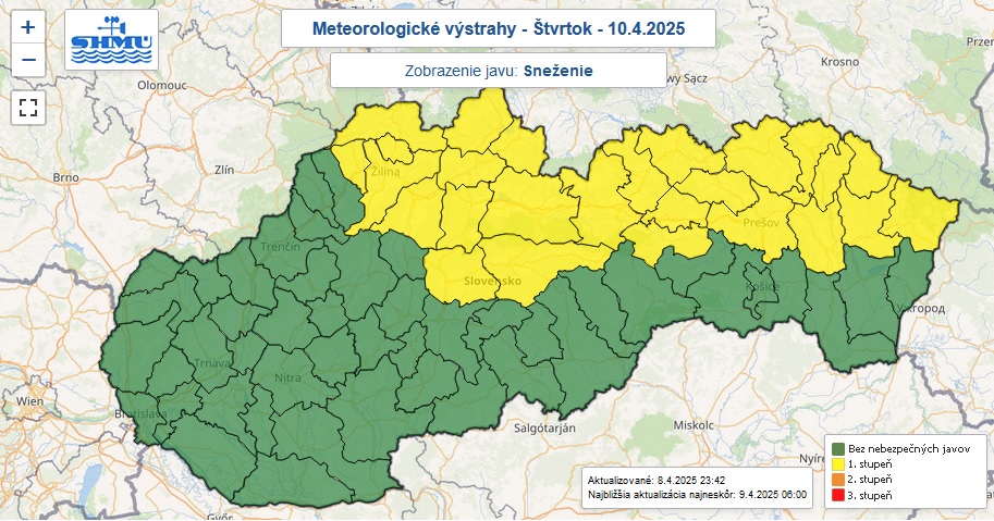 Výstraha prvého stupňa pred snežením je na švrtok od 2.00 do 9.00 vydaná pre okresy Slovenska označené žltou farbou.