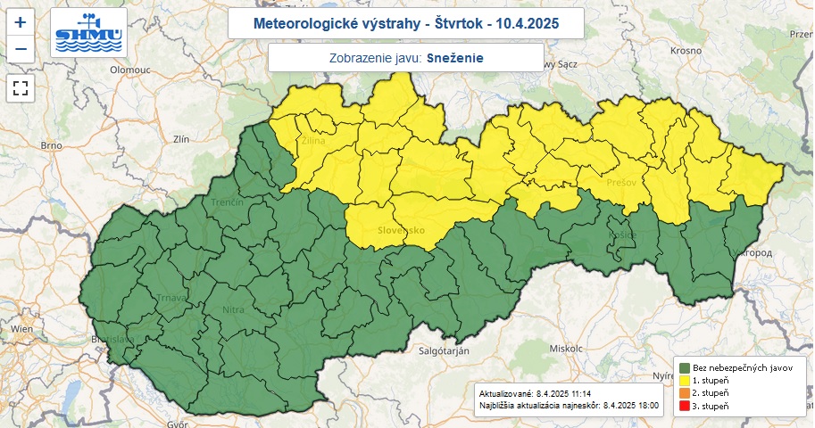 Výstraha prvého stupňa pred snežením je vydaná na štvrtok od 2.00 do 9.00 pre okresy označené žltou farbou.