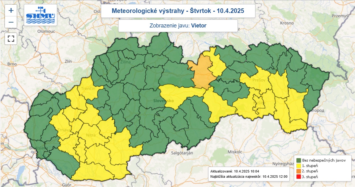 Výstrahy prvého a druhého stupňa pred silným vetrom vydaná na štvrtok 10. apríla 2025.