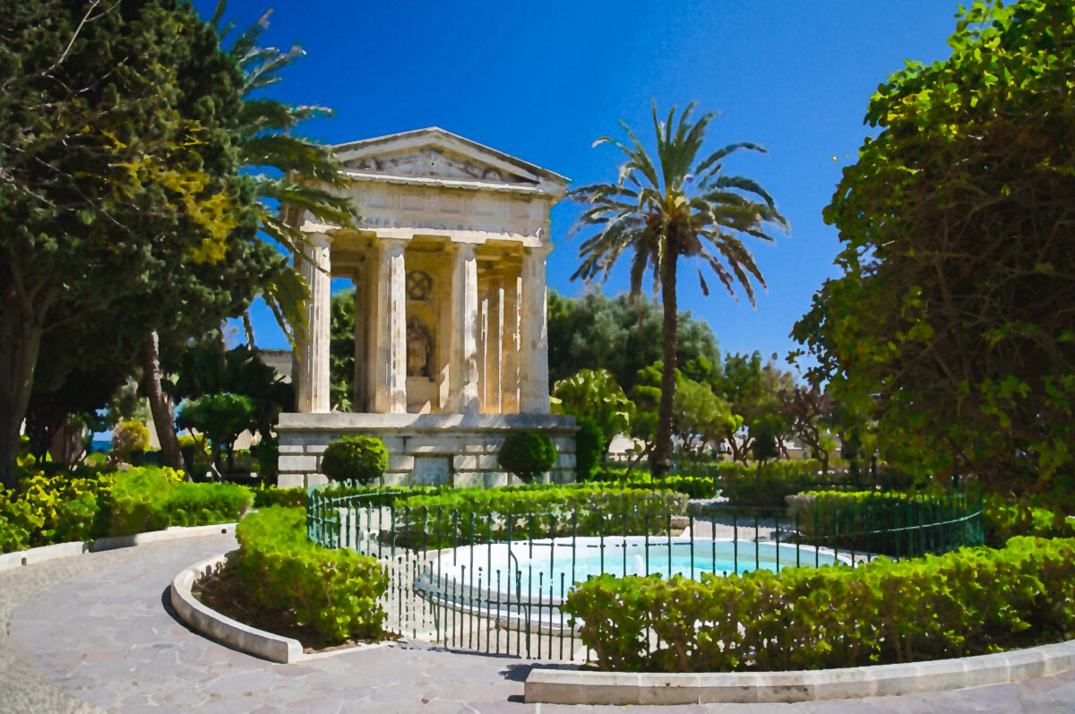 Watercolor drawing of Monument to Alexander Ball in the Lower Barrakka Gardens, Valletta, Malta