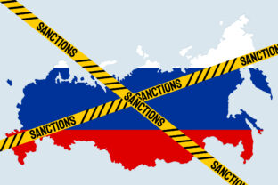 Sanctions against Russian Federation. Russian Map with restriction sign. Embargo and economucal crysis concept