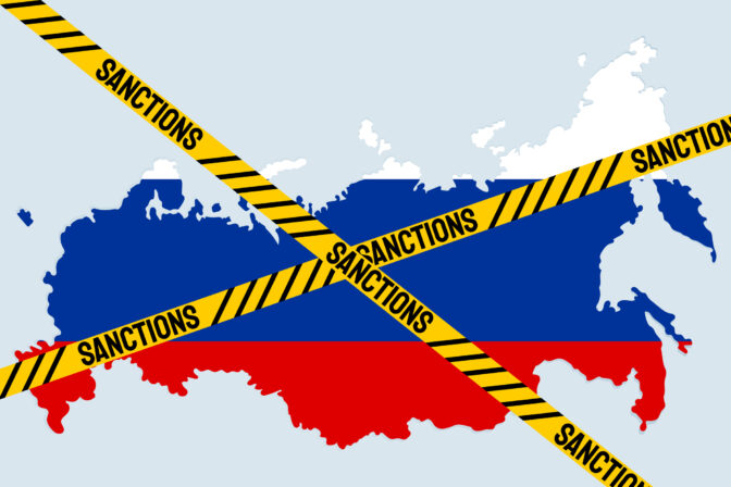 Sanctions against Russian Federation. Russian Map with restriction sign. Embargo and economucal crysis concept