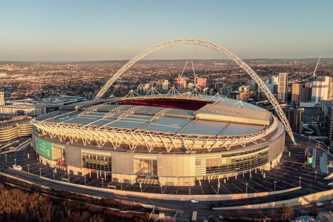 Aerial view of Wembley Stadium at sunrise in London, the United Kingdom