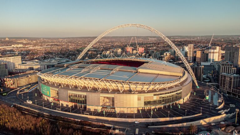 Aerial view of Wembley Stadium at sunrise in London, the United Kingdom