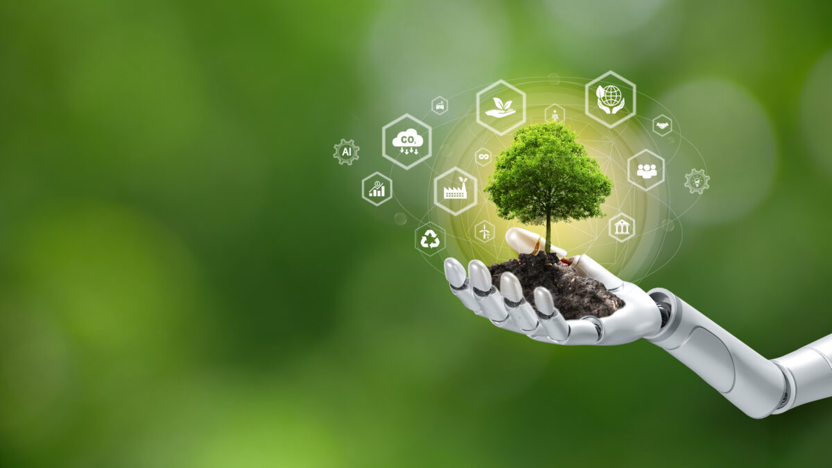 Robot planting trees with renewable tech, holding ESG icons a symbol of eco friendly, socially responsible, and sustainable business practices to reduce pollution. Environmental technology concept.
