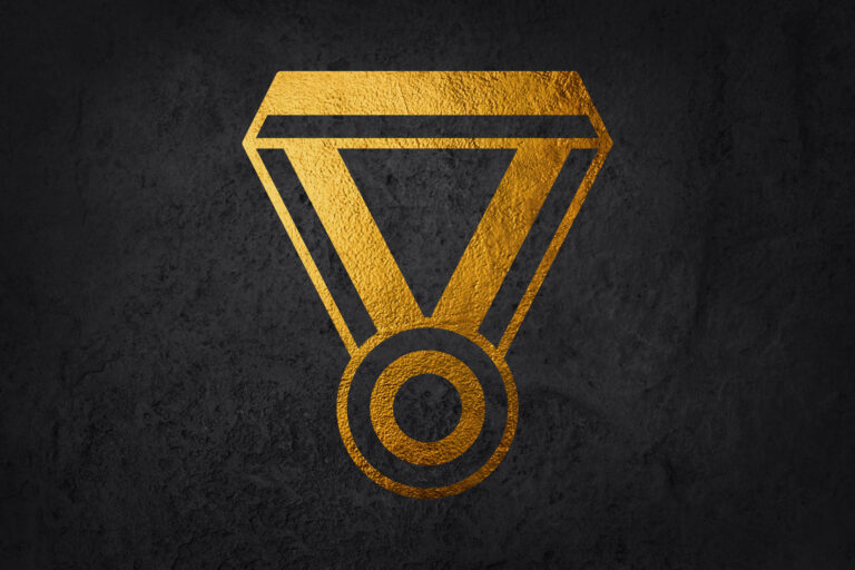 Golden blank medals hanging on red ribbons isolated on white background. Vector sports illustration