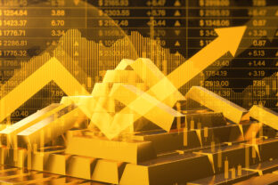 Uptrend gold investment background, Digital illustration of gold bars with an overlaying stock market graph representing wealth and investment strategies. 3d rendering