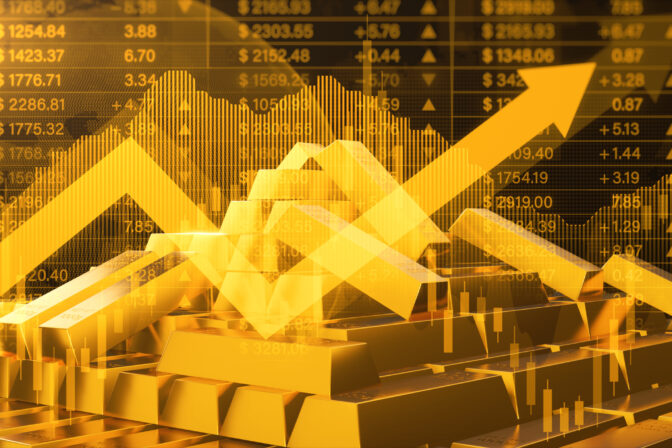 Uptrend gold investment background, Digital illustration of gold bars with an overlaying stock market graph representing wealth and investment strategies. 3d rendering