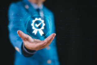 Guarantee service, business performance internet checklist concept. Businessman correct sign mark on document online approve paperless, quality assurance. test online survey, fill digital form