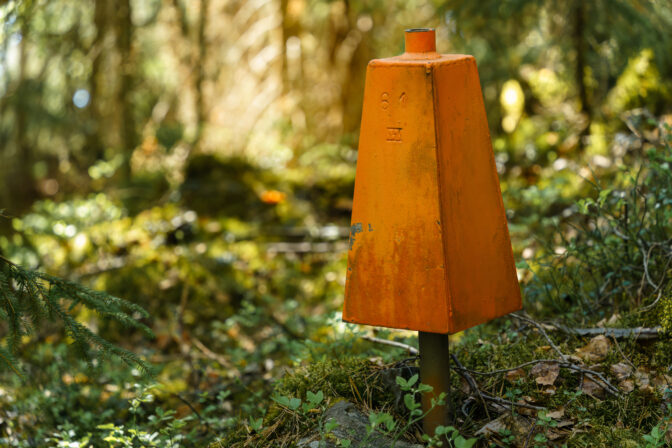 Red metallic boundary marker in a Forest