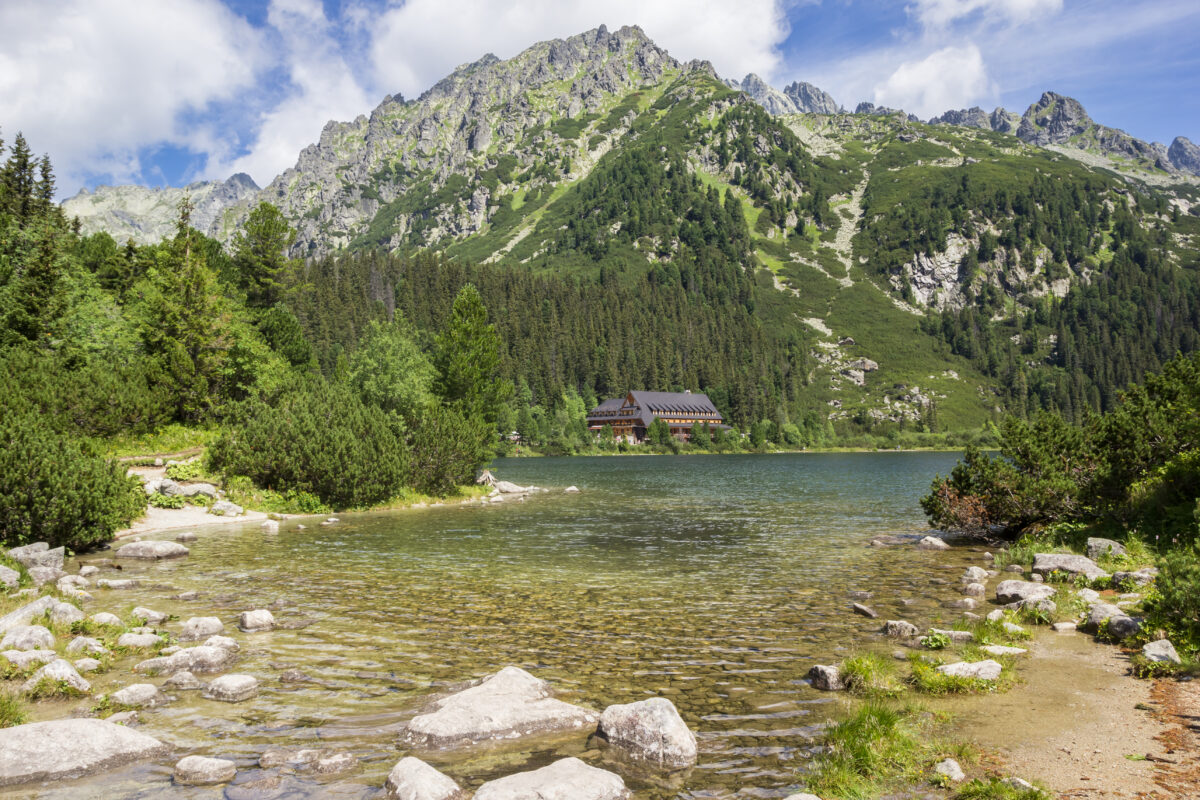 Boulders on the shore of the mountain lake Popradske Pleso