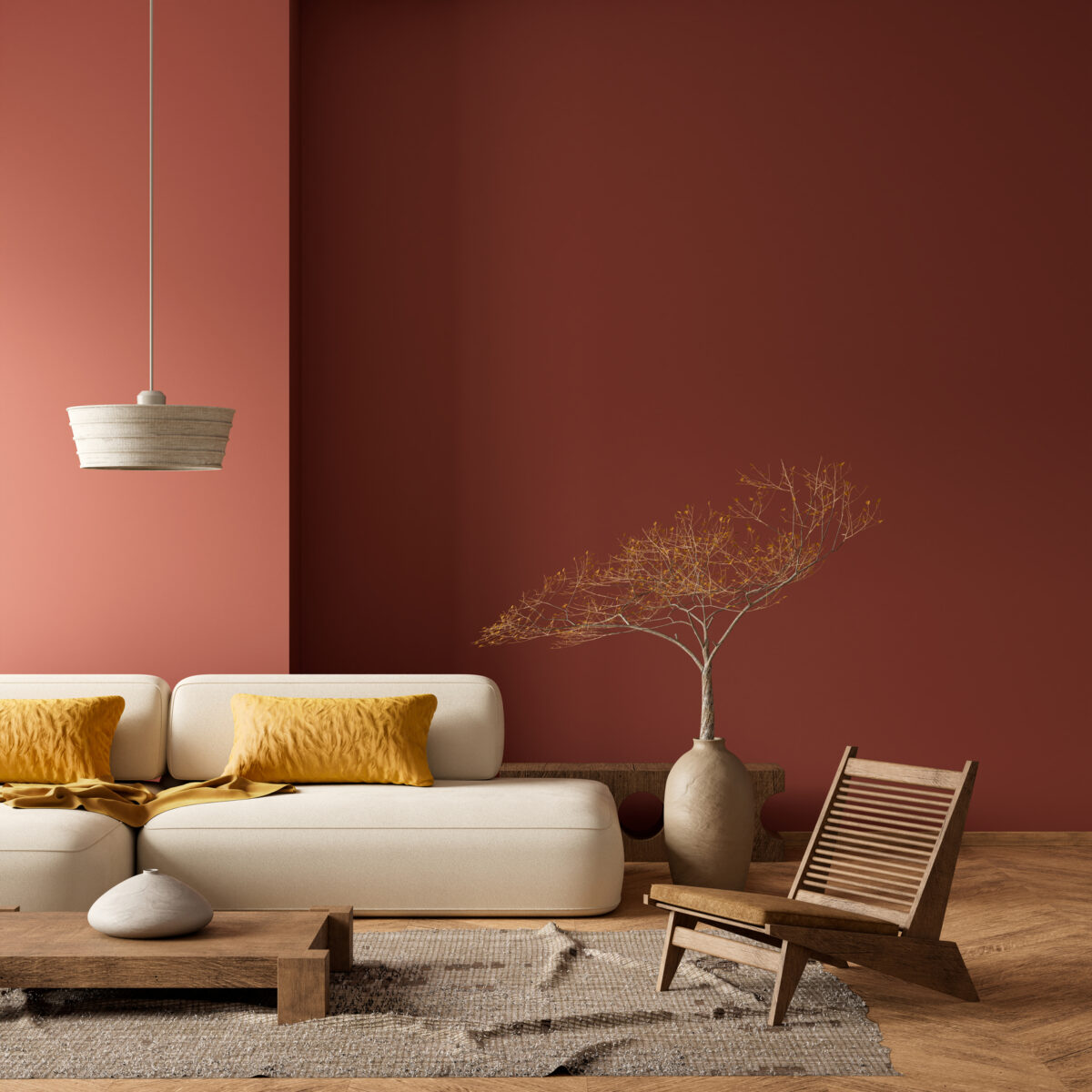 Boho style decorated livinig room. Modern authentic Interior design of living room with wooden furnitures. 3D illustration