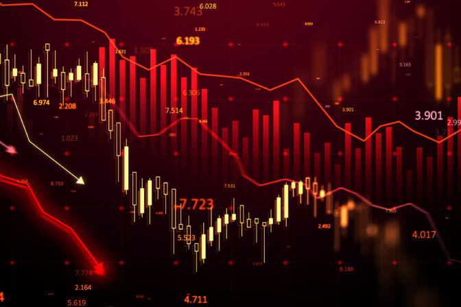 Financial market chart showing downward trends with red candlesticks and graphs on a dark background. Concept of stock market crisis. 3D Rendering