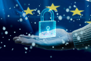 Hand holding hologram of padlock protecting european union data privacy