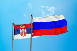 Russia vs Serbia flag on the mast