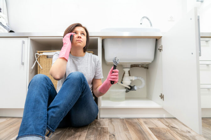 Woman sitting near leaking sink in laundry room calling for help