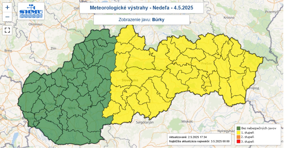 Výstraha prvého stupňa pred búrkami je na nedeľu 4. mája vydaná pre 36 okresov.
