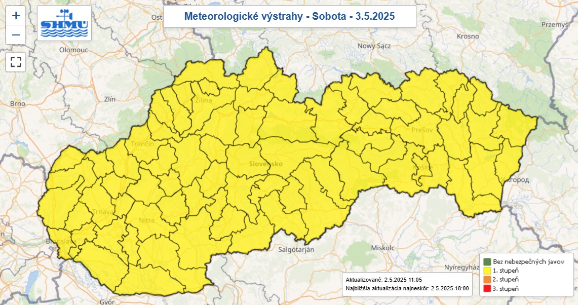 Výstraha prvého stupňa pred búrkami vydaná na sobotu 3. mája do 16.00.