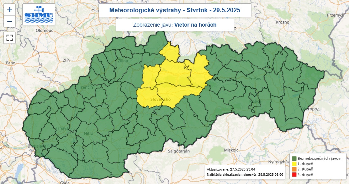 Výstraha prvého stupňa pred silným vetrom na horách vydaná na štvrtok 29. mája 2025.