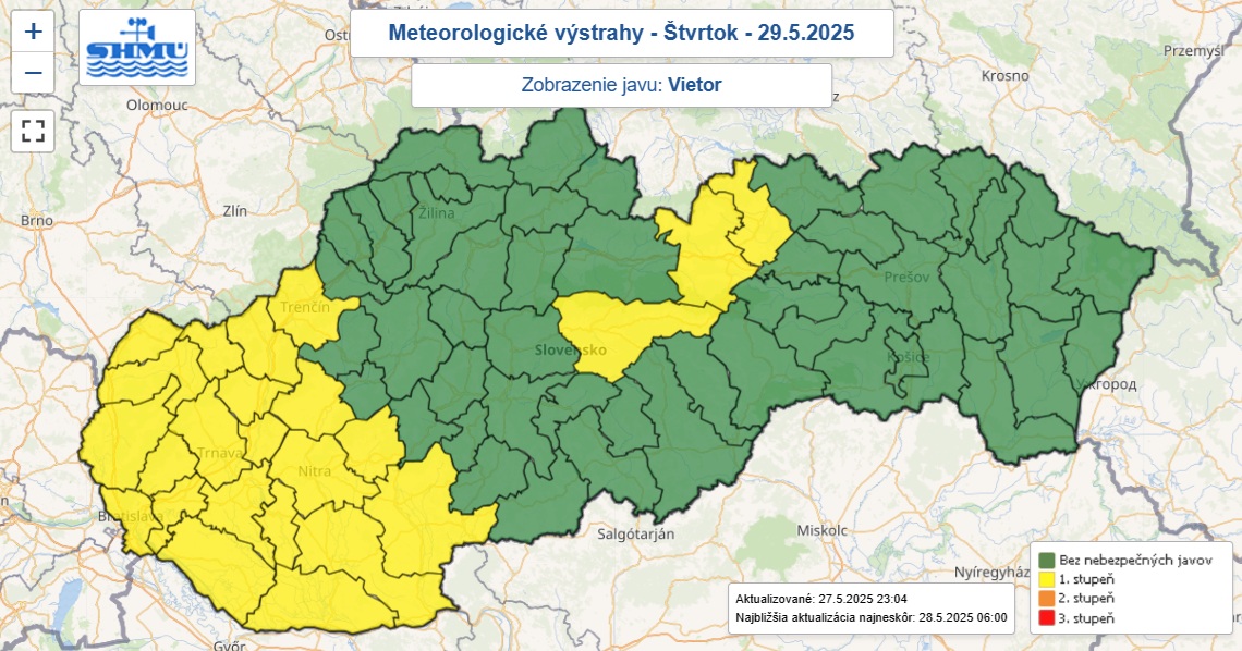 Výstraha prvého stupňa vydaná na štvrtok 29. mája 2025.