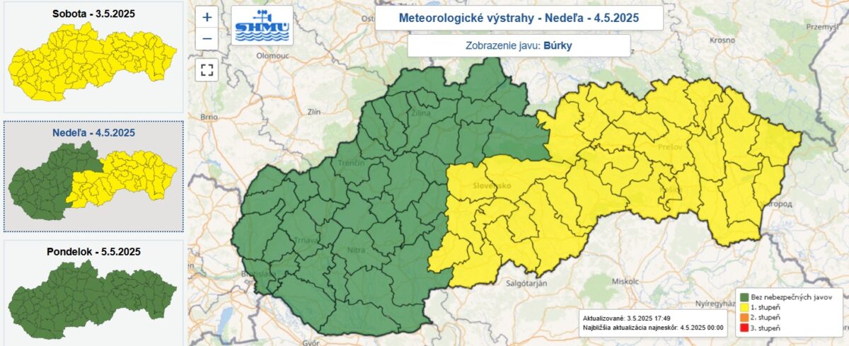 Výstrahy prvého stupňa pred búrkami na sobotu a nedeľu.