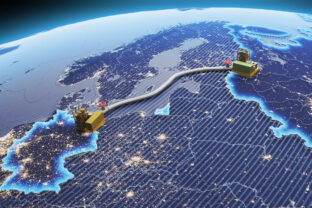 3D render of the construction of the gas pipe Nord Stream 2. The concept of sanctions and economic war, an anvil falling on a gas pipe. 3D rendering