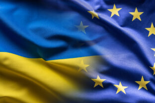 Ukrainian and the EU flag blending into each other as European Union leans towards the membership of Ukraine.
