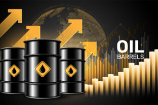 Oil price rising concept Oil barrels on a growth chart background. Investment market and trade arrows up, vector illustration